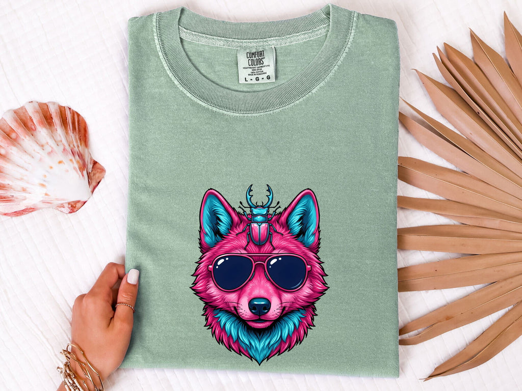 Neon Wolf Shirt, Wolf With Sunglasses Tee, Colorful Animal Graphic Tee