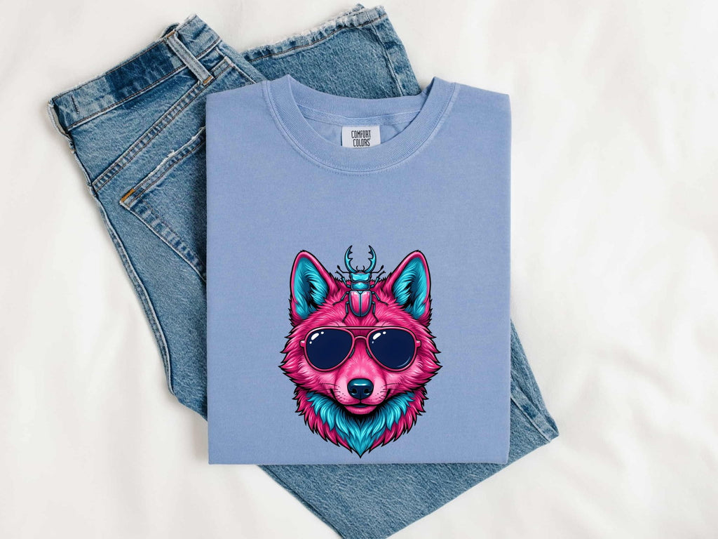 Neon Wolf Shirt, Wolf With Sunglasses Tee, Colorful Animal Graphic Tee