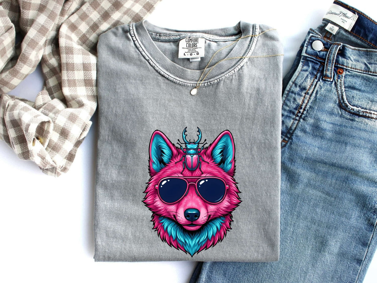 Neon Wolf Shirt, Wolf With Sunglasses Tee, Colorful Animal Graphic Tee