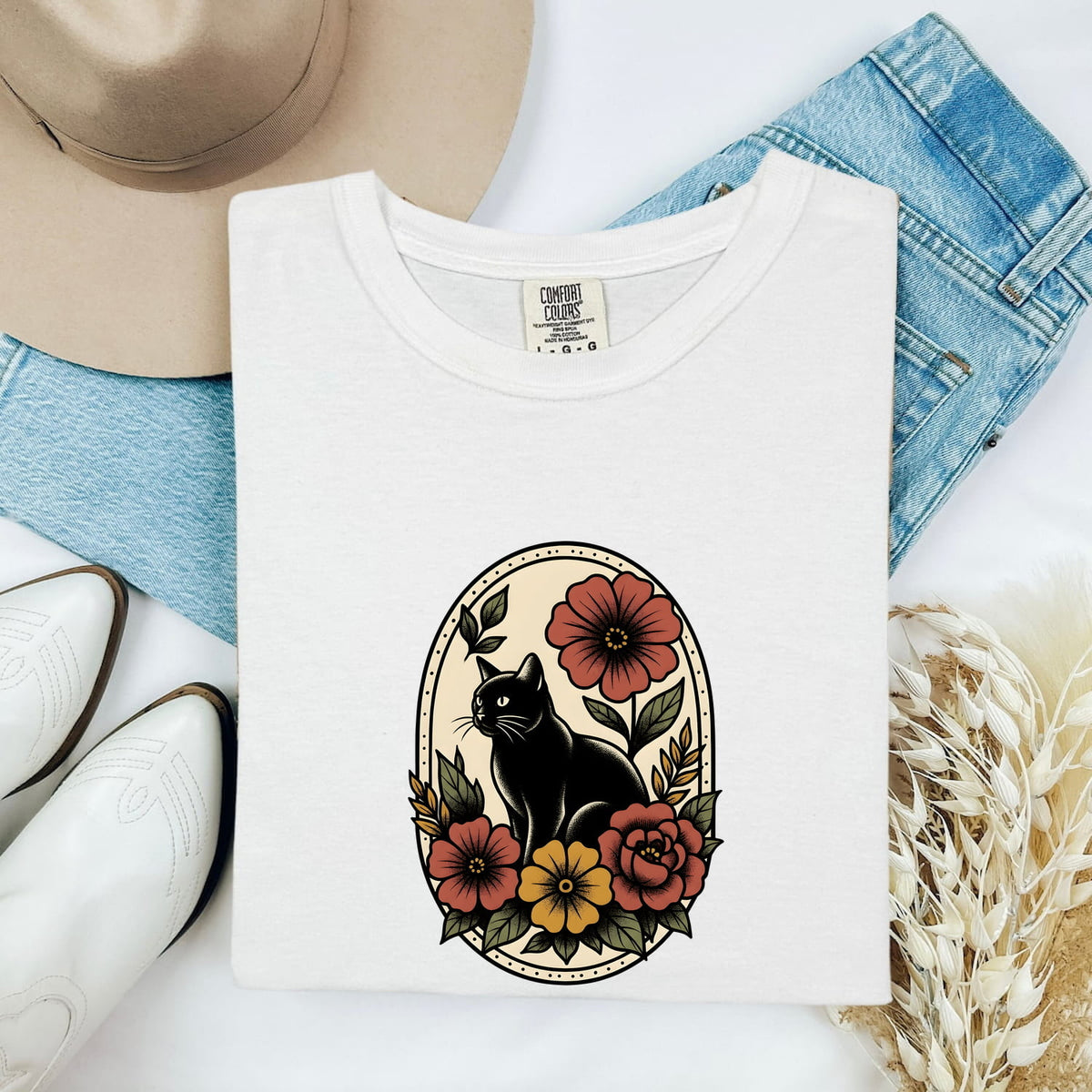 Black Cat Shirt, Floral Cat Tee, Gothic Cat Graphic Tee