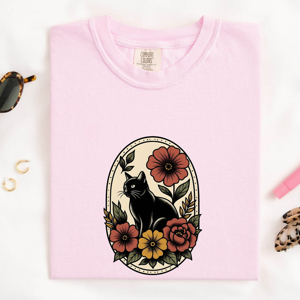 Black Cat Shirt, Floral Cat Tee, Gothic Cat Graphic Tee