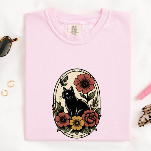 Black Cat Shirt, Floral Cat Tee, Gothic Cat Graphic Tee
