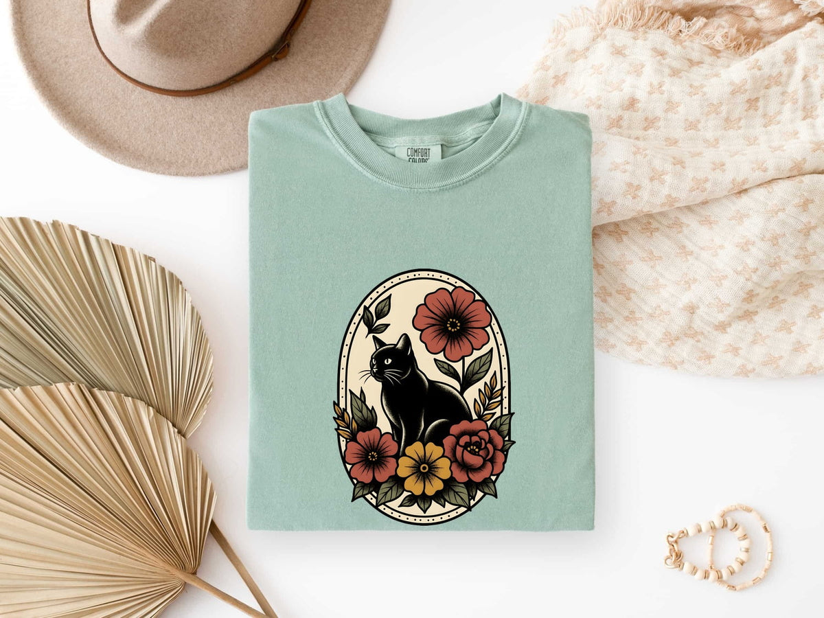 Black Cat Shirt, Floral Cat Tee, Gothic Cat Graphic Tee