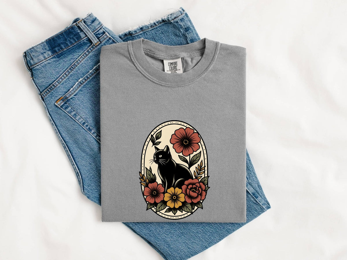 Black Cat Shirt, Floral Cat Tee, Gothic Cat Graphic Tee