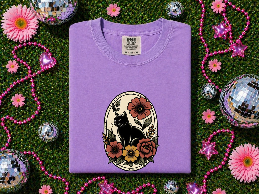 Black Cat Shirt, Floral Cat Tee, Gothic Cat Graphic Tee