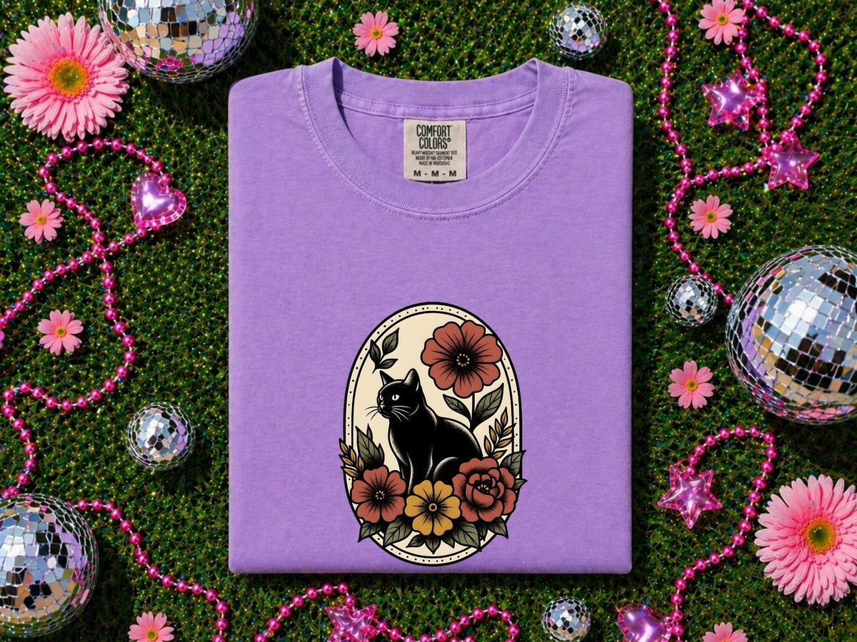 Black Cat Shirt, Floral Cat Tee, Gothic Cat Graphic Tee
