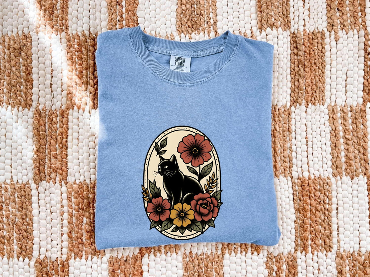 Black Cat Shirt, Floral Cat Tee, Gothic Cat Graphic Tee