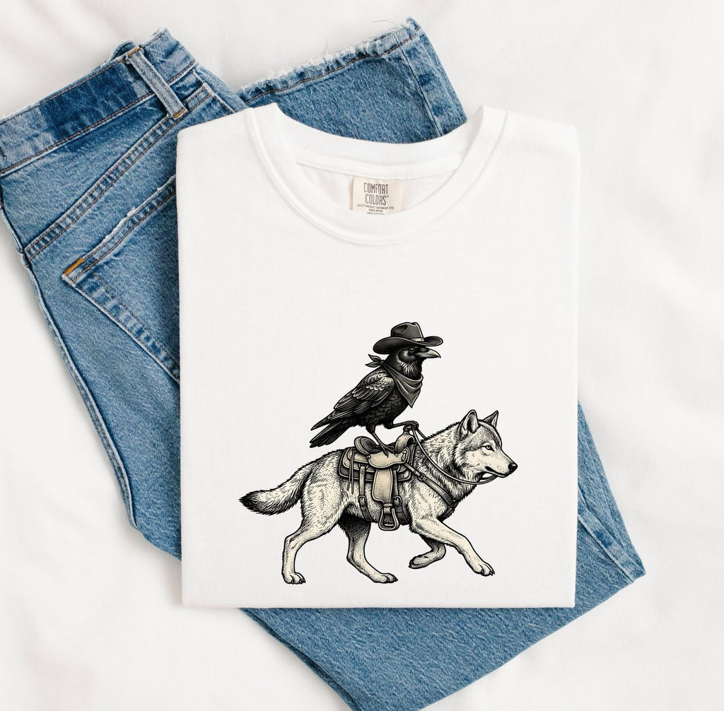 Raven and Wolf Shirt, Western Gothic Tee, Vintage Wildlife Graphic Tee
