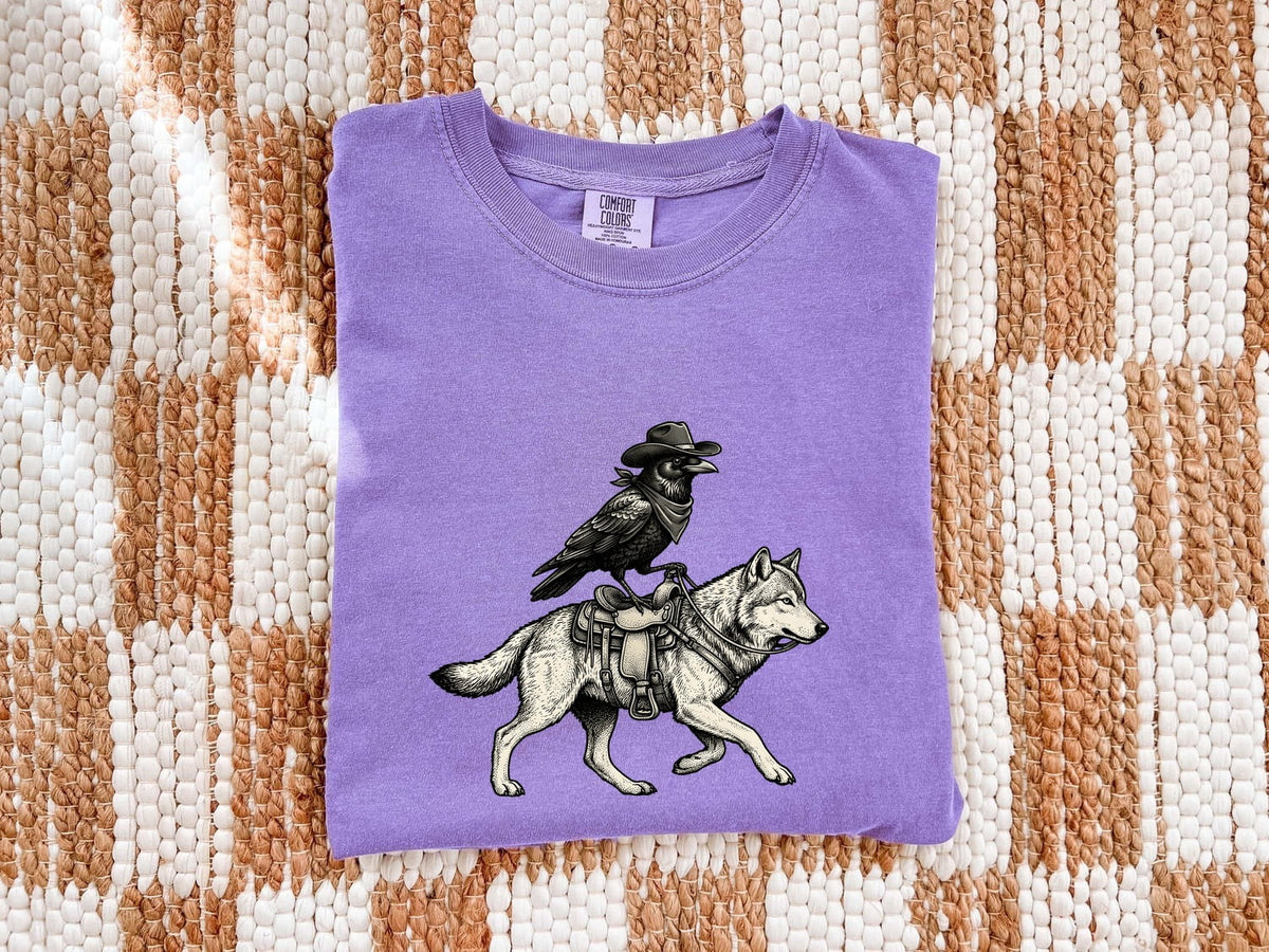 Raven and Wolf Shirt, Western Gothic Tee, Vintage Wildlife Graphic Tee