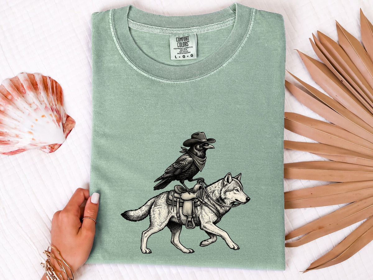 Raven and Wolf Shirt, Western Gothic Tee, Vintage Wildlife Graphic Tee