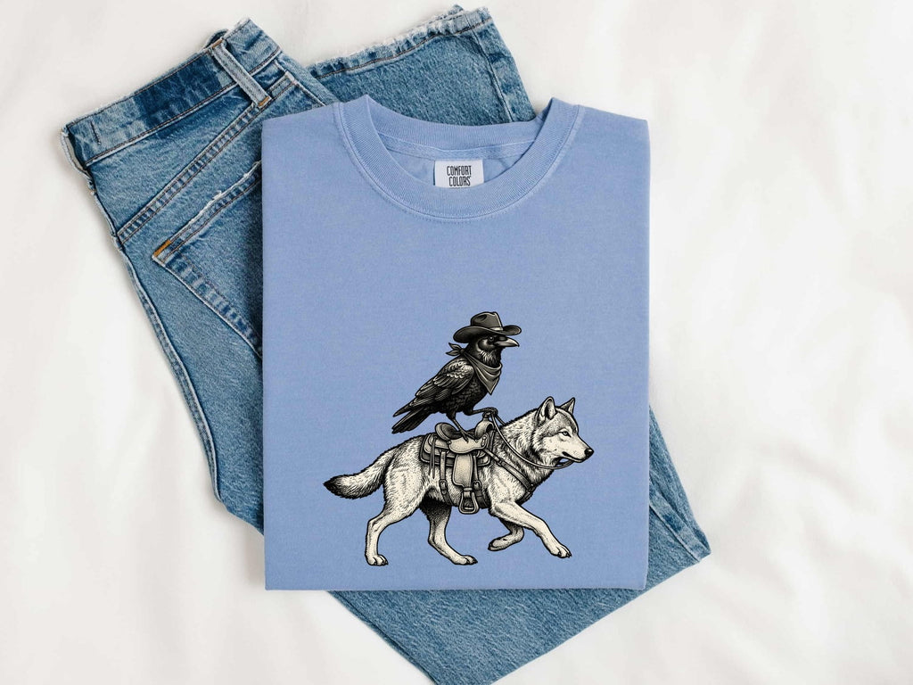 Raven and Wolf Shirt, Western Gothic Tee, Vintage Wildlife Graphic Tee