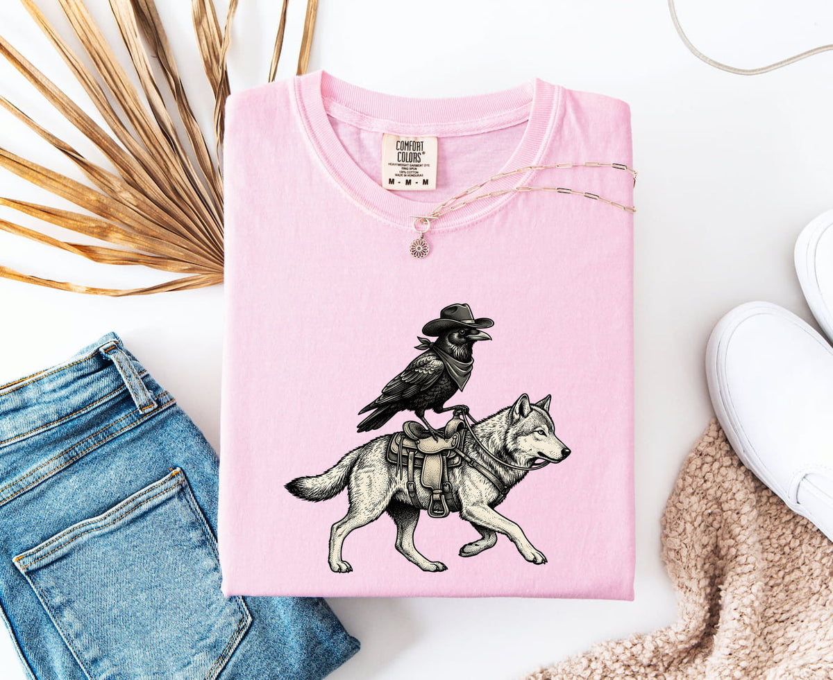 Raven and Wolf Shirt, Western Gothic Tee, Vintage Wildlife Graphic Tee