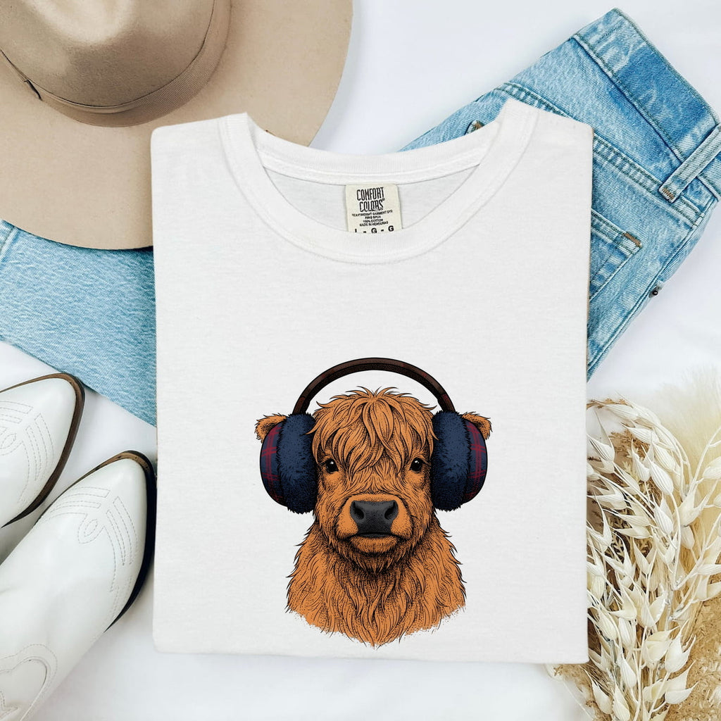 Highland Cow Shirt, Cow with Headphones Tee, Funny Cow Tee