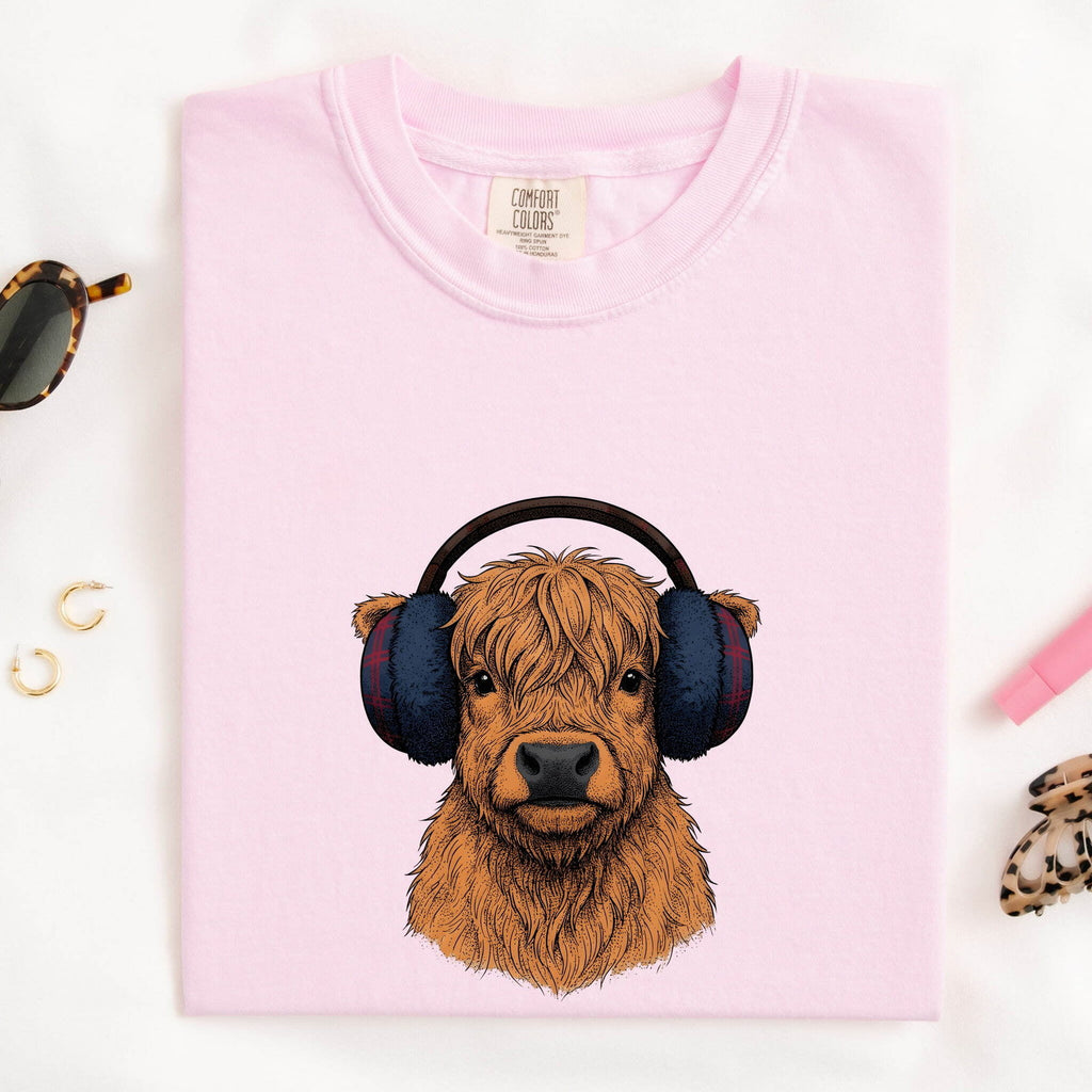Highland Cow Shirt, Cow with Headphones Tee, Funny Cow Tee