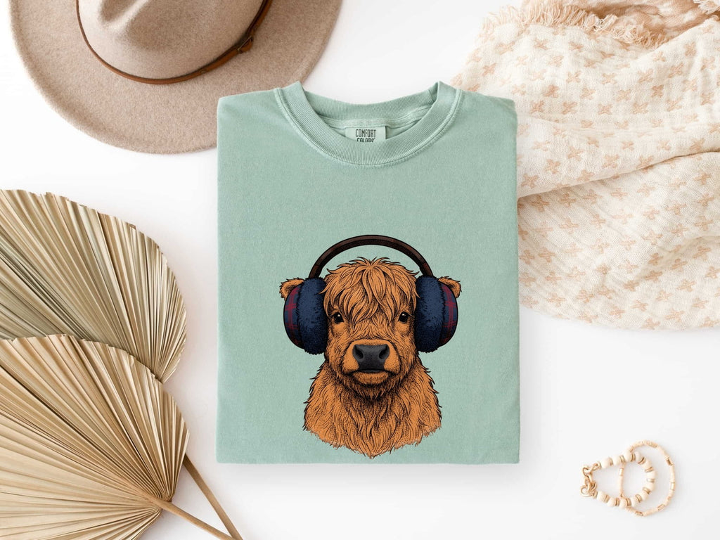 Highland Cow Shirt, Cow with Headphones Tee, Funny Cow Tee