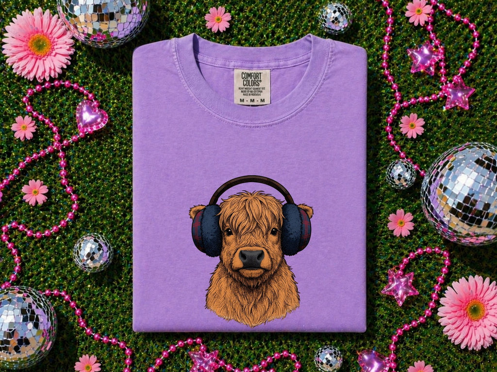 Highland Cow Shirt, Cow with Headphones Tee, Funny Cow Tee