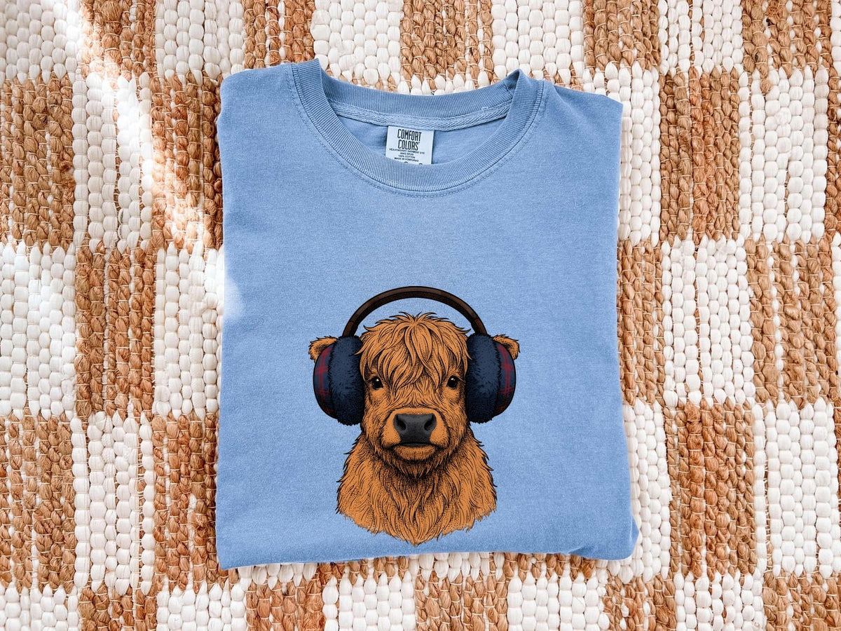 Highland Cow Shirt, Cow with Headphones Tee, Funny Cow Tee