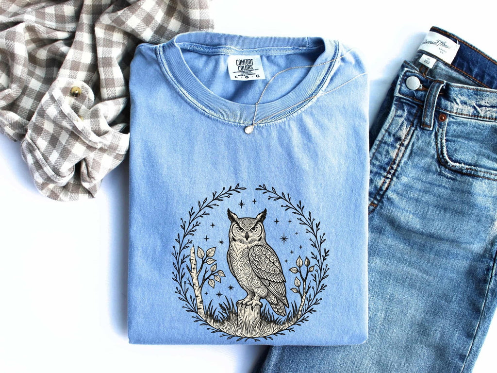 Celestial Owl Shirt – Vintage Botanical Owl Graphic Tee, Boho Nature Shirt