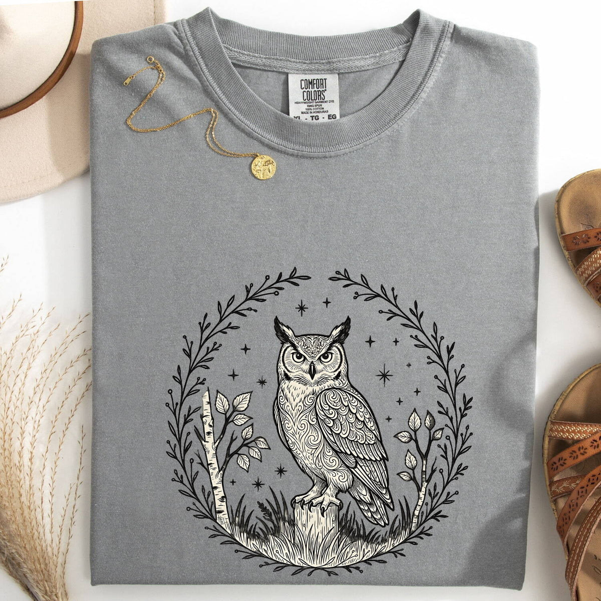 Celestial Owl Shirt – Vintage Botanical Owl Graphic Tee, Boho Nature Shirt