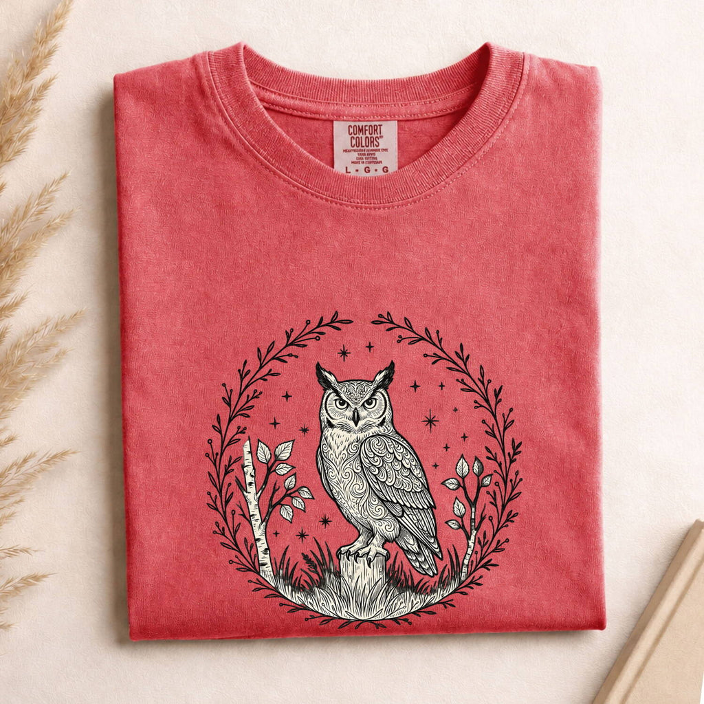 Celestial Owl Shirt – Vintage Botanical Owl Graphic Tee, Boho Nature Shirt