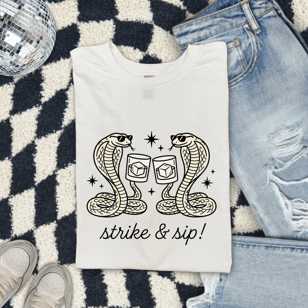 Strike and Sip Snake Shirt, Funny Cobra Cocktail Tee, Snake Lover Gift