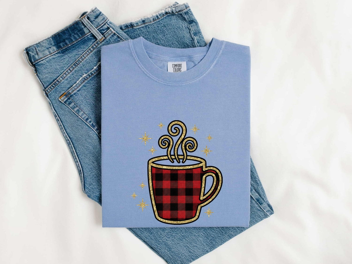 Buffalo Plaid Coffee Shirt, Coffee Lover Tee, Cozy Coffee Tee