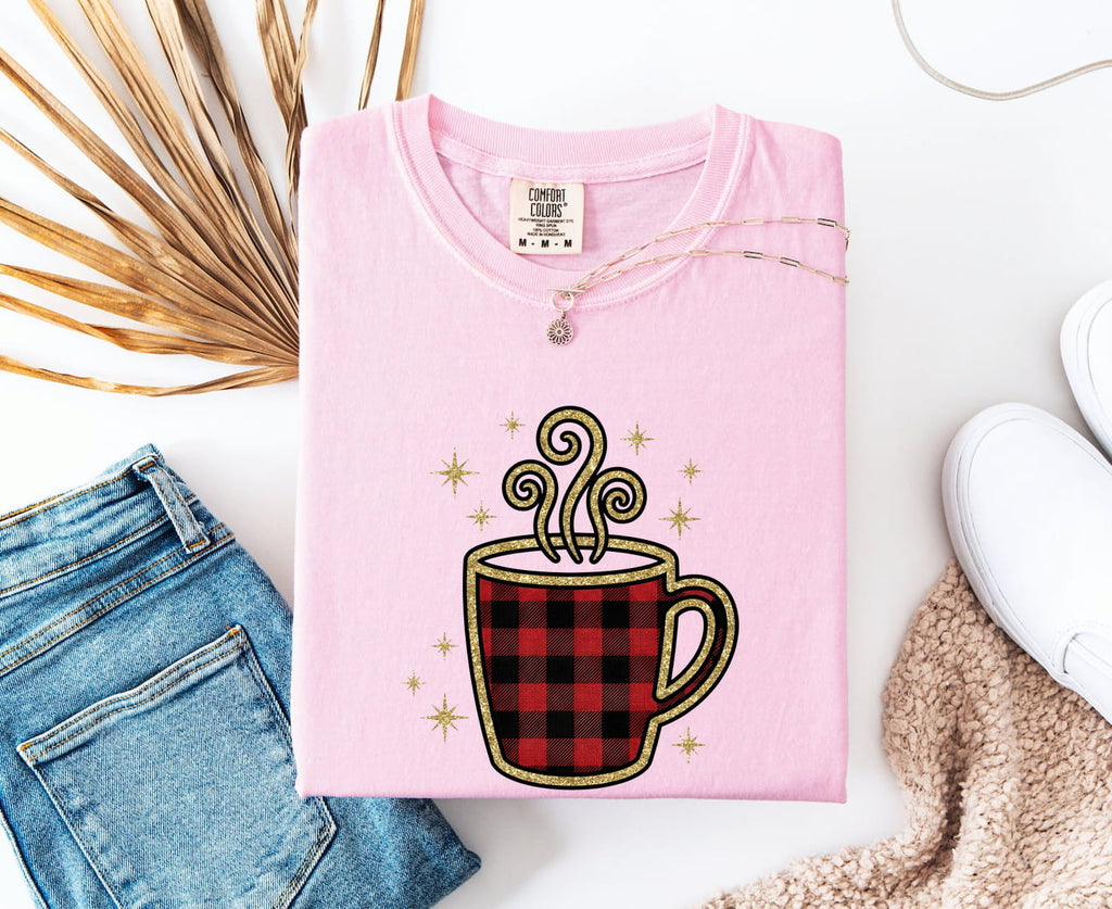 Buffalo Plaid Coffee Shirt, Coffee Lover Tee, Cozy Coffee Tee
