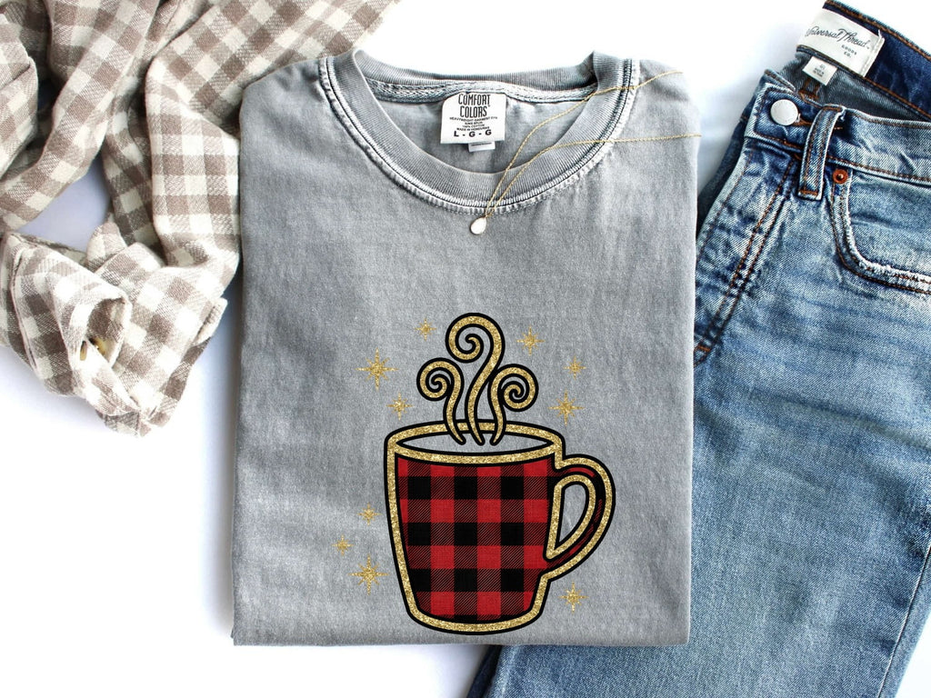 Buffalo Plaid Coffee Shirt, Coffee Lover Tee, Cozy Coffee Tee