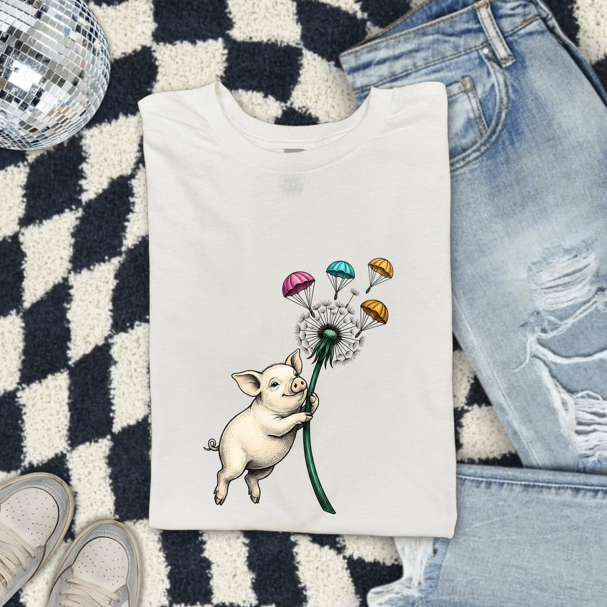 Cute Pig Shirt, Whimsical Pig Graphic Tee, Dandelion Tee