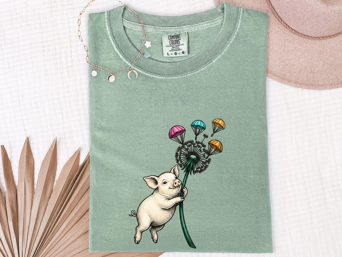 Cute Pig Shirt, Whimsical Pig Graphic Tee, Dandelion Tee
