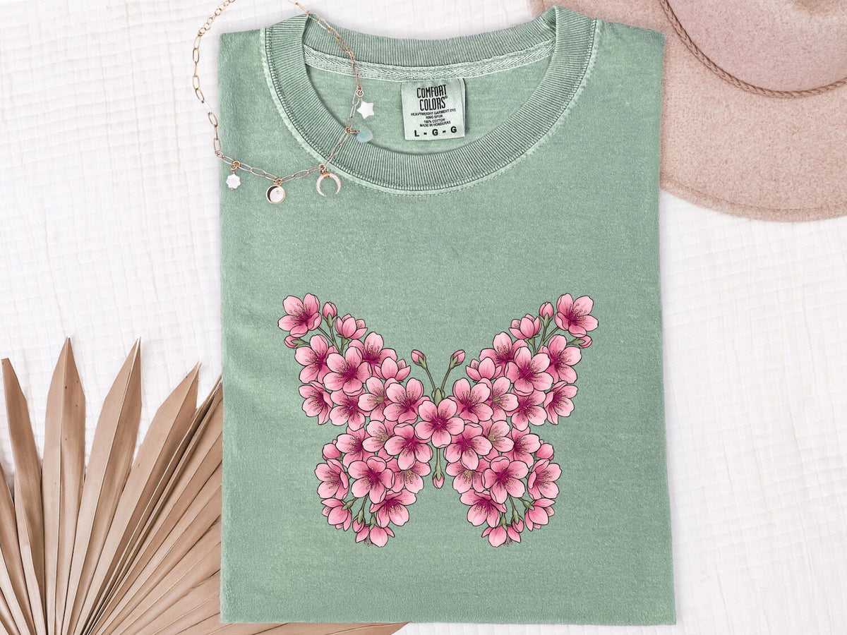 Floral Butterfly Shirt, Pink Flower Tee, Botanical Nature Shirt, Garden Lover Gift