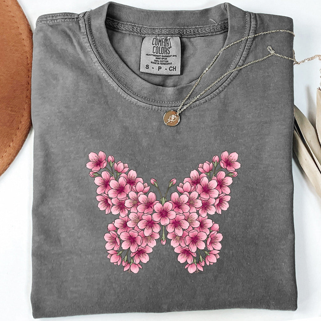 Floral Butterfly Shirt, Pink Flower Tee, Botanical Nature Shirt, Garden Lover Gift