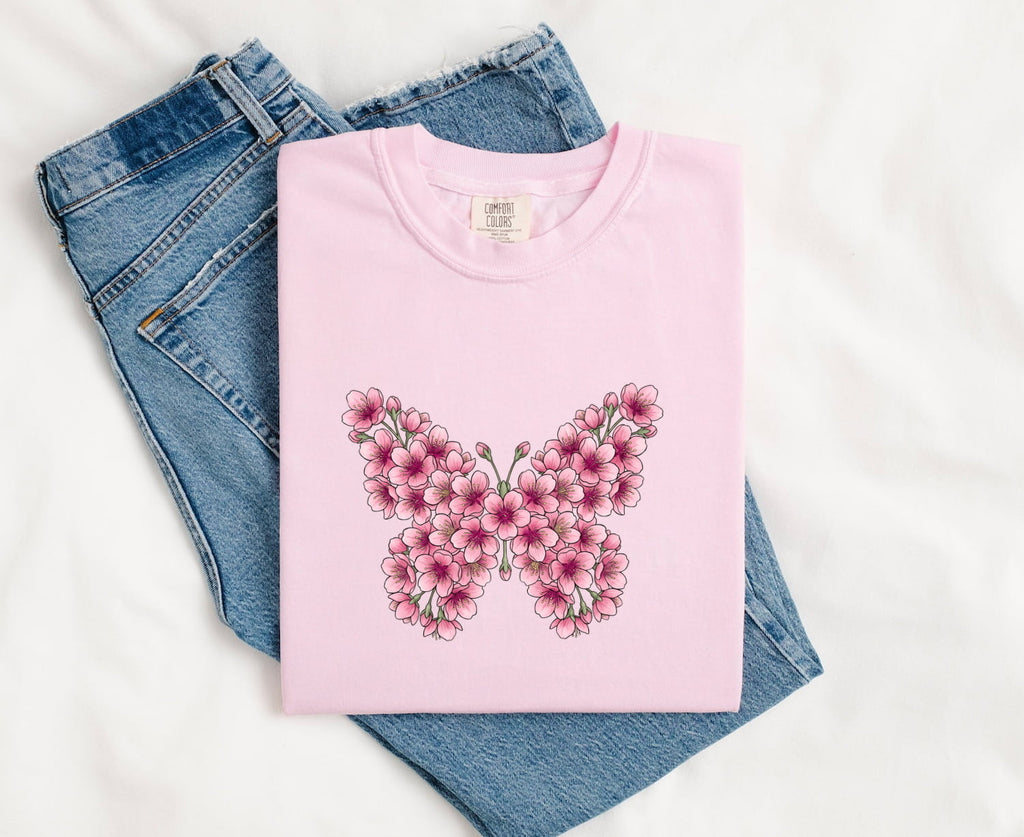 Floral Butterfly Shirt, Pink Flower Tee, Botanical Nature Shirt, Garden Lover Gift
