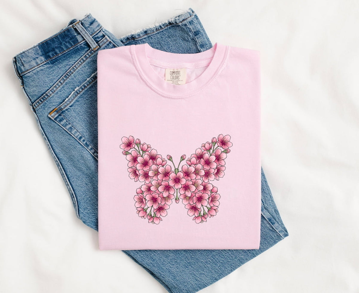 Floral Butterfly Shirt, Pink Flower Tee, Botanical Nature Shirt, Garden Lover Gift