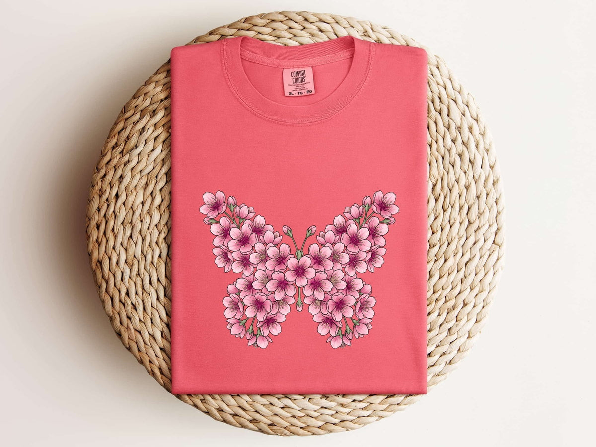 Floral Butterfly Shirt, Pink Flower Tee, Botanical Nature Shirt, Garden Lover Gift