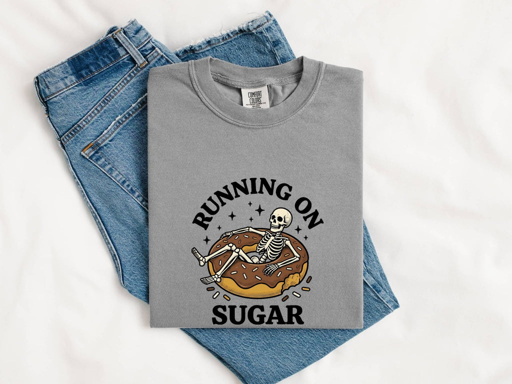 Running on Sugar Shirt, Funny Donut Tee, Skeleton Graphic Shirt, Sweet Tooth Gift for Her