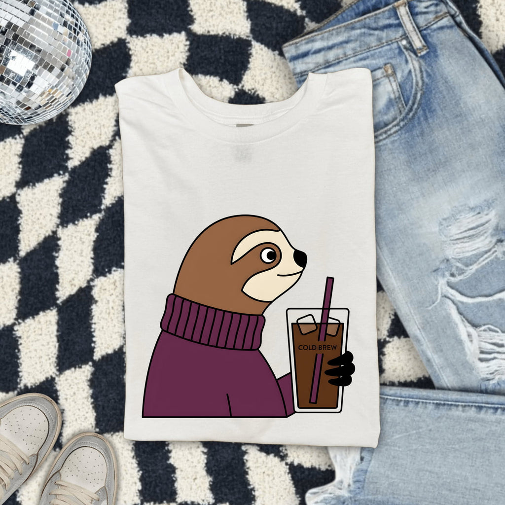 Sloth Coffee Shirt, Funny Coffee Lover Tee, Cute Sloth Graphic Shirt, Iced Coffee Gift for Her