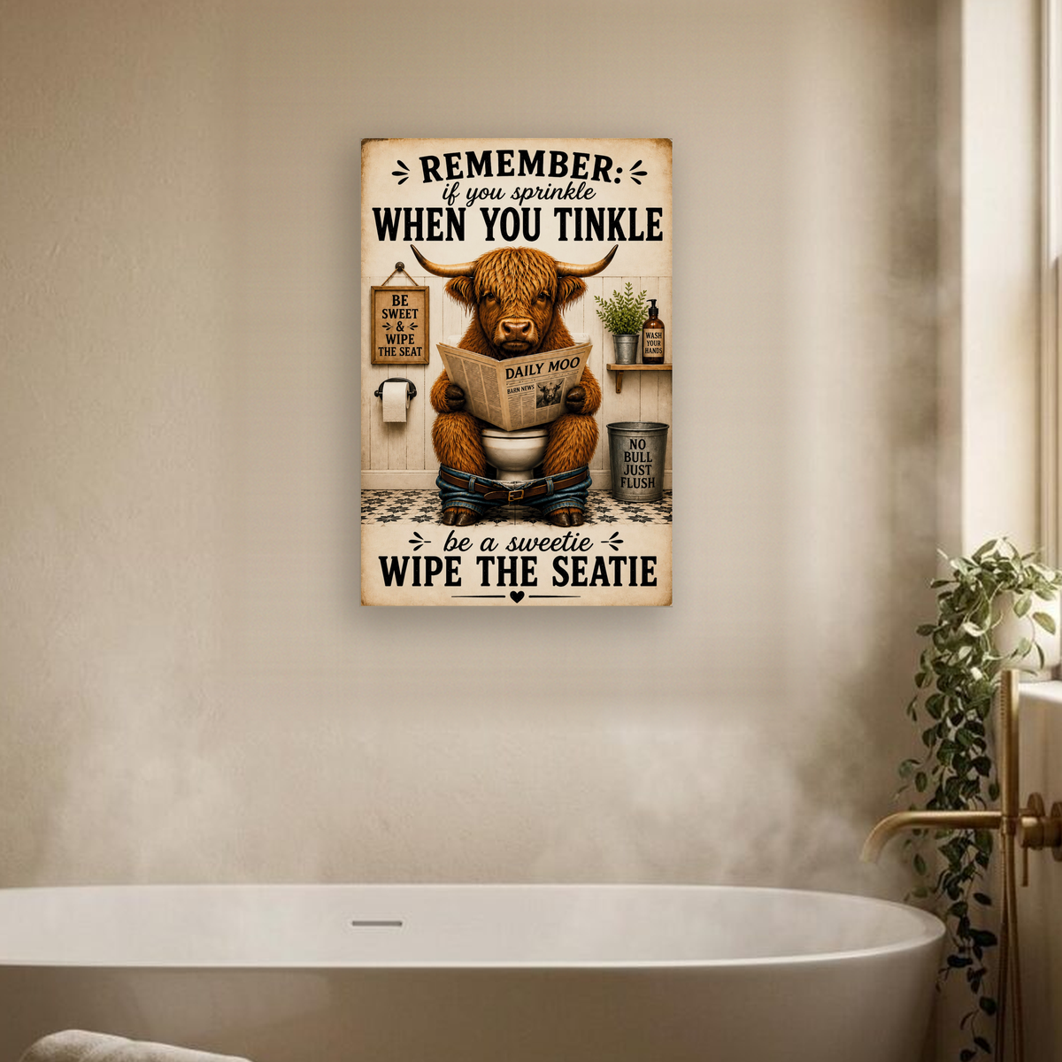 Funny Highland Cow Bathroom Canvas, Wipe the Seatie Wall Art, Ready to Hang