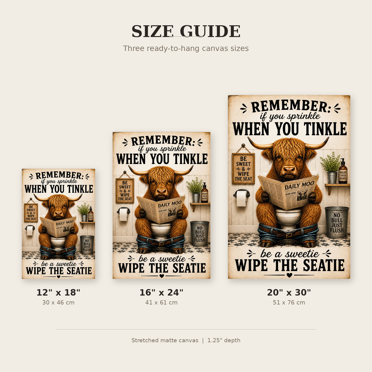 Funny Highland Cow Bathroom Canvas, Wipe the Seatie Wall Art, Ready to Hang