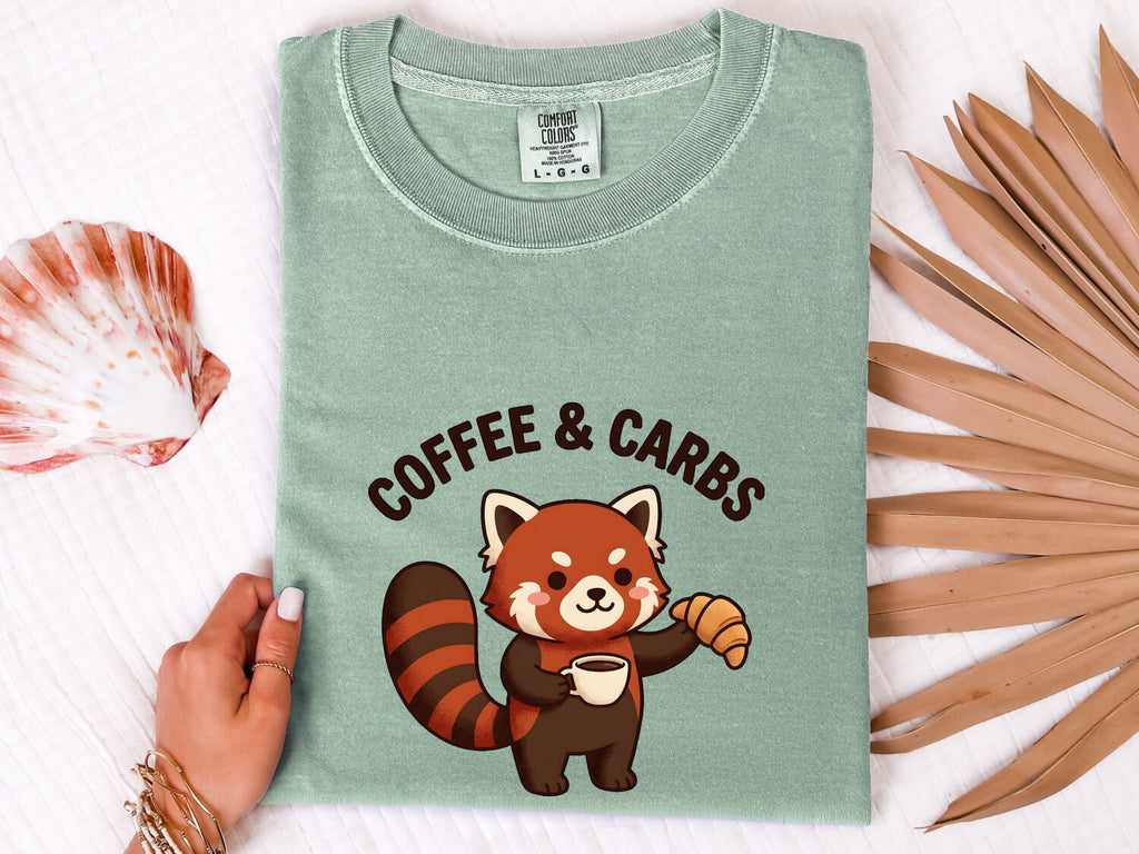 Coffee and Carbs Shirt, Cute Red Panda Tee, Coffee Lover Shirt, Croissant Lover Gift