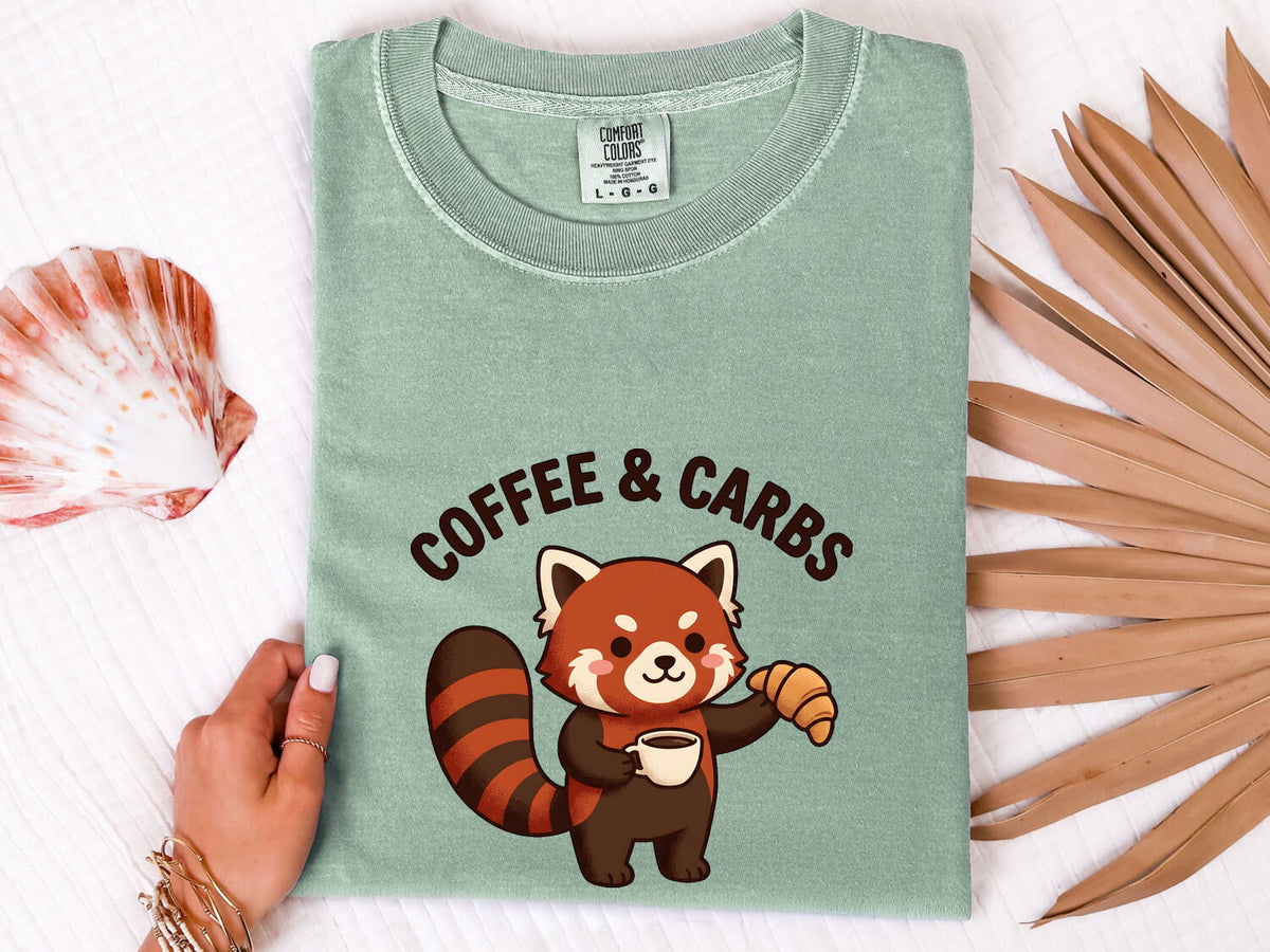 Coffee and Carbs Shirt, Cute Red Panda Tee, Coffee Lover Shirt, Croissant Lover Gift