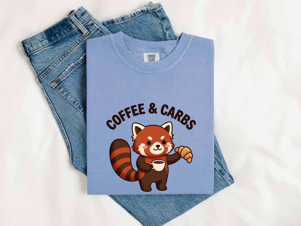 Coffee and Carbs Shirt, Cute Red Panda Tee, Coffee Lover Shirt, Croissant Lover Gift
