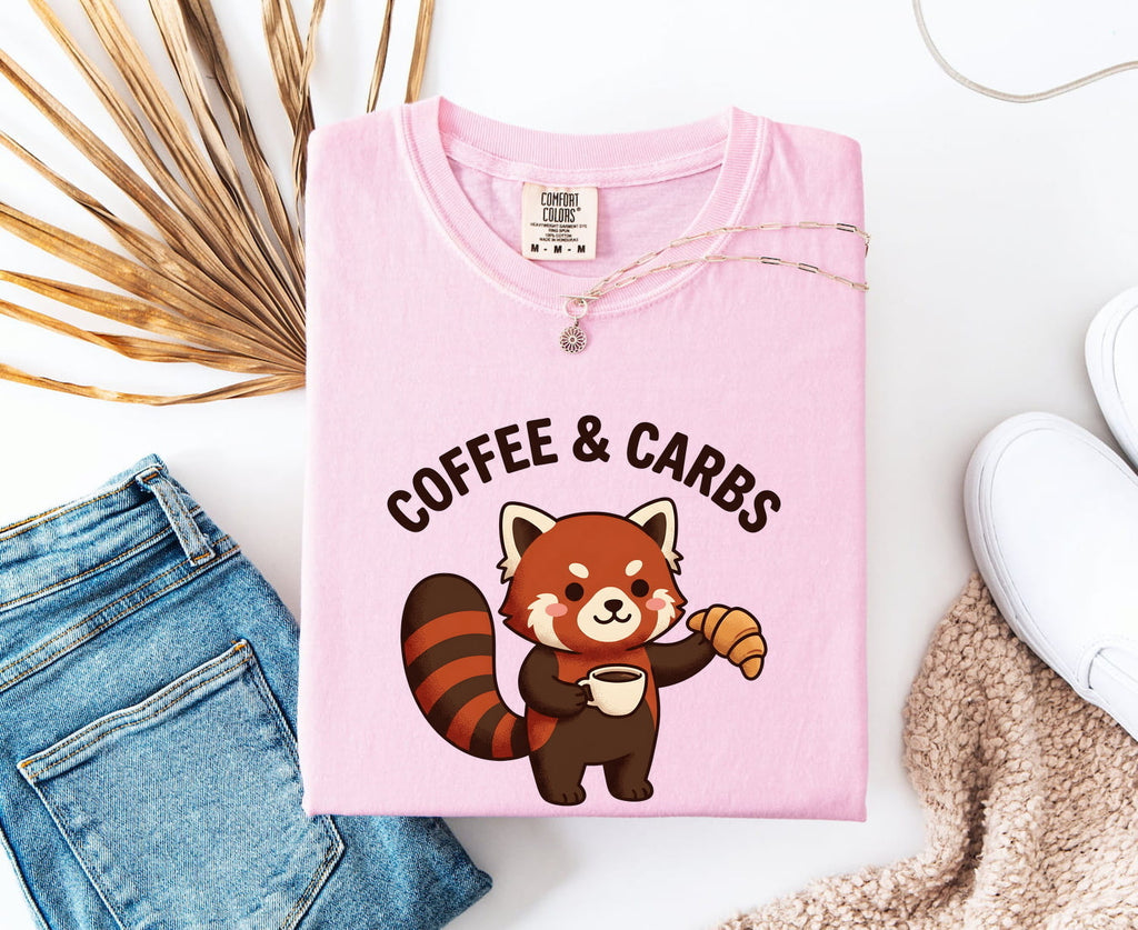 Coffee and Carbs Shirt, Cute Red Panda Tee, Coffee Lover Shirt, Croissant Lover Gift