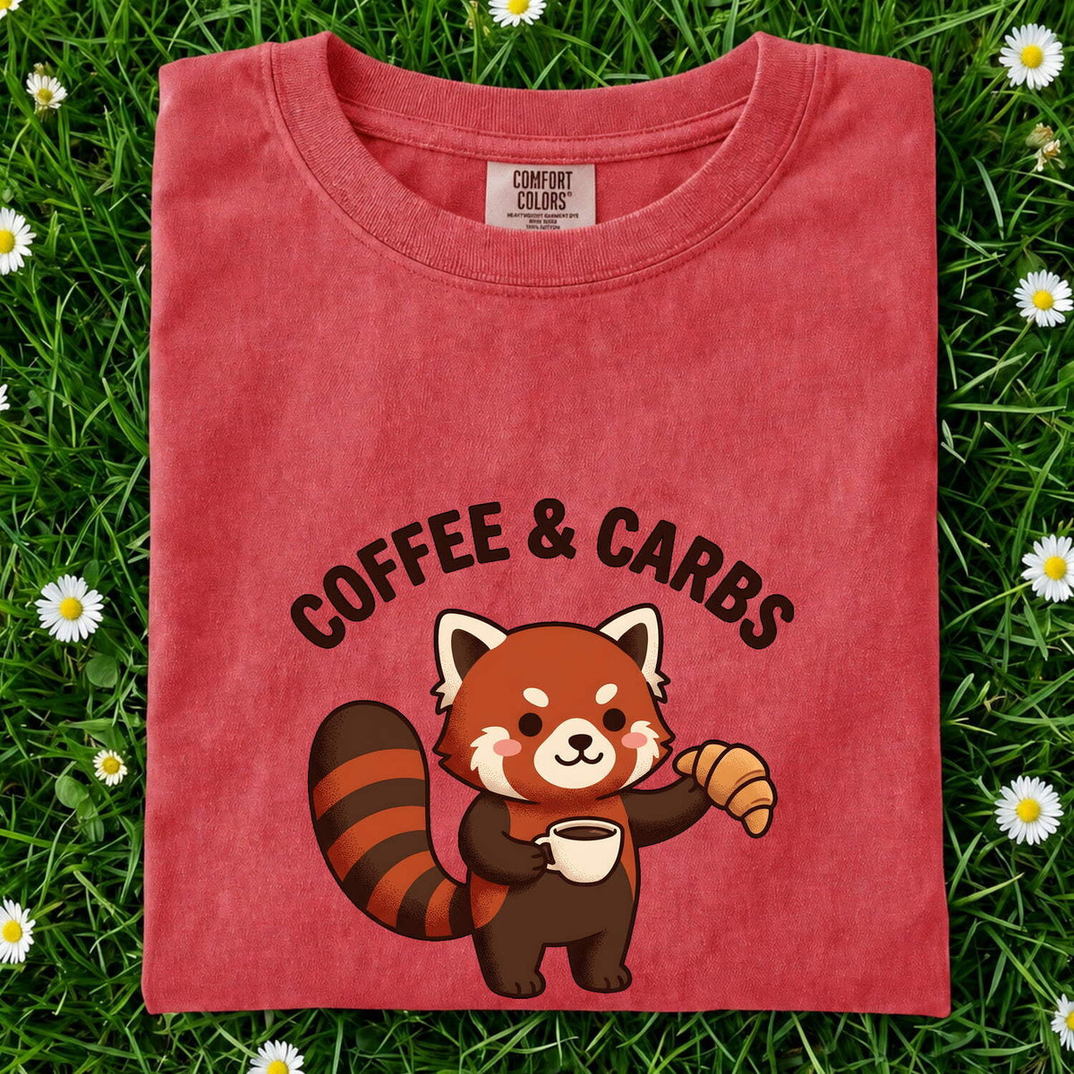 Coffee and Carbs Shirt, Cute Red Panda Tee, Coffee Lover Shirt, Croissant Lover Gift