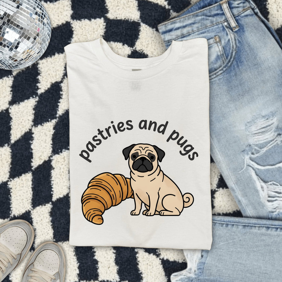 Pastries and Pugs Shirt, Funny Pug Tee, Croissant Dog Shirt, Pug Lover Gift for Her