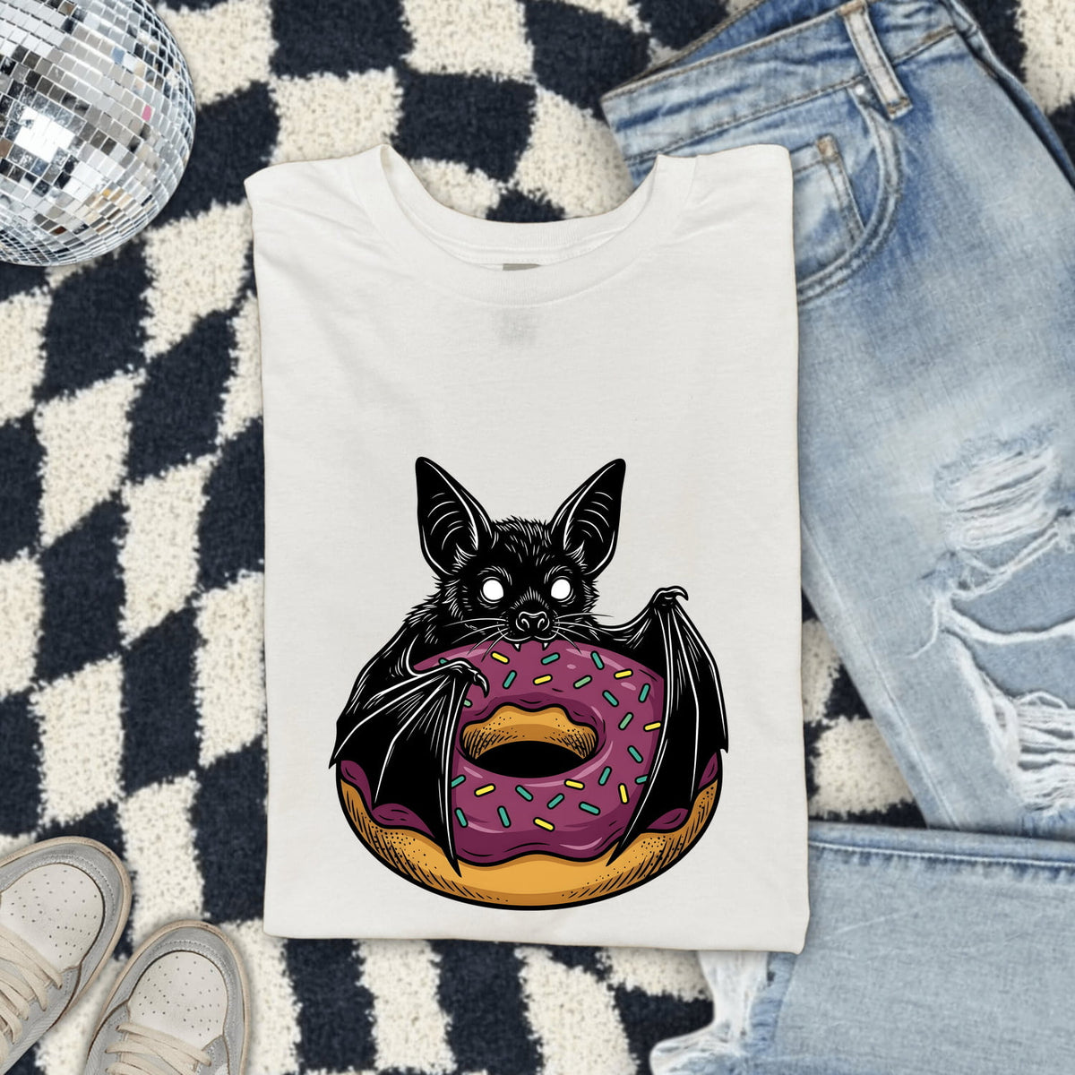 Cute Bat Donut Shirt, Spooky Halloween Tee, Funny Donut Graphic Shirt, Bat Lover Gift for Her