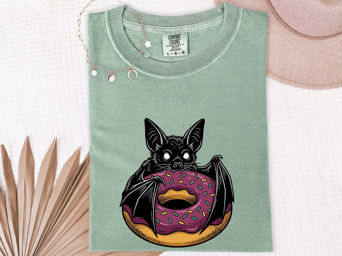 Cute Bat Donut Shirt, Spooky Halloween Tee, Funny Donut Graphic Shirt, Bat Lover Gift for Her