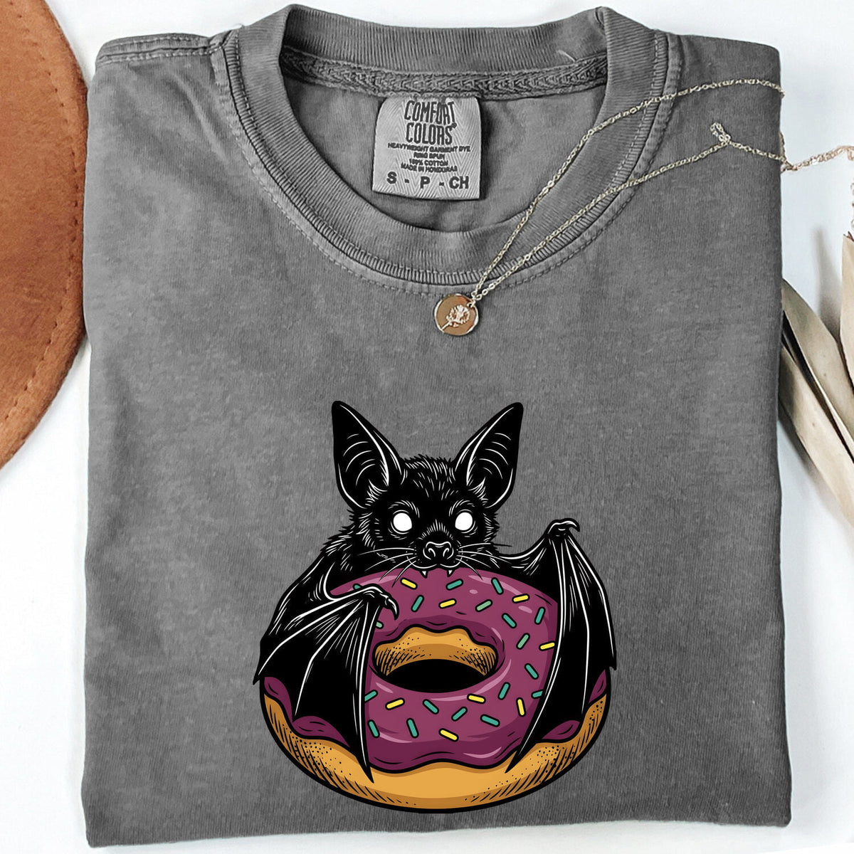 Cute Bat Donut Shirt, Spooky Halloween Tee, Funny Donut Graphic Shirt, Bat Lover Gift for Her