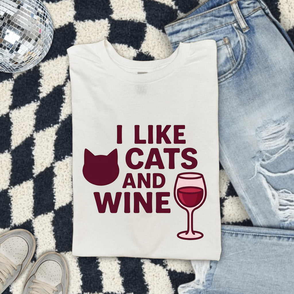 I Like Cats and Wine Shirt, Funny Cat Lover Tee, Cat Mom Wine Shirt, Wine Lover Gift for Women