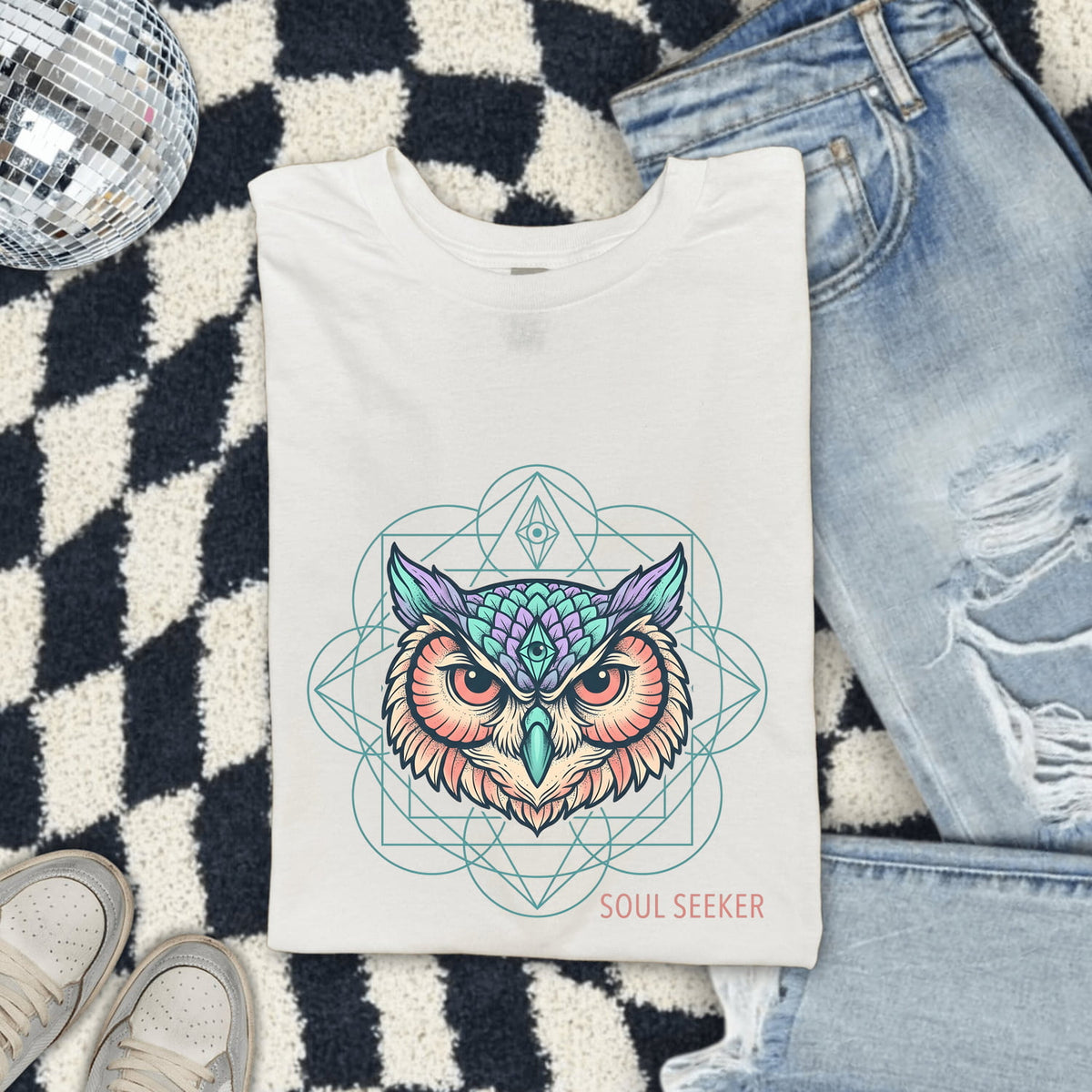 Soul Seeker Owl Shirt, Mystical Owl Tee, Spiritual Boho Shirt, Owl Lover Gift for Women, Sacred Geometry Tee